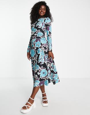 Urban Revivo Urban Revivo long sleeve midi dress in floral print-Multi