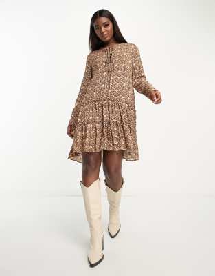 Urban Revivo Long Sleeve Mini Smock Dress In Brown Floral Print