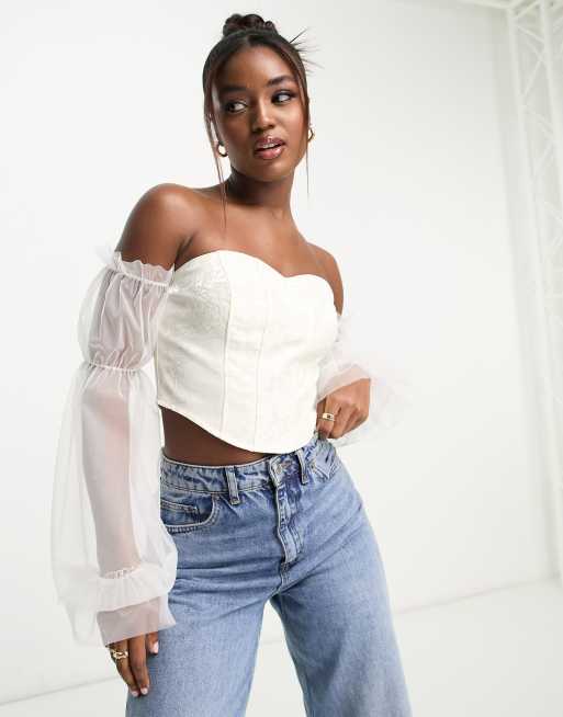 Urban Revivo long sleeve off the shoulder corset top in white