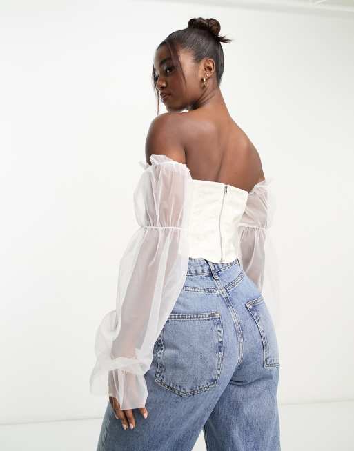 ASOS DESIGN tie front corset top with puff sleeve in white 3D floral lace