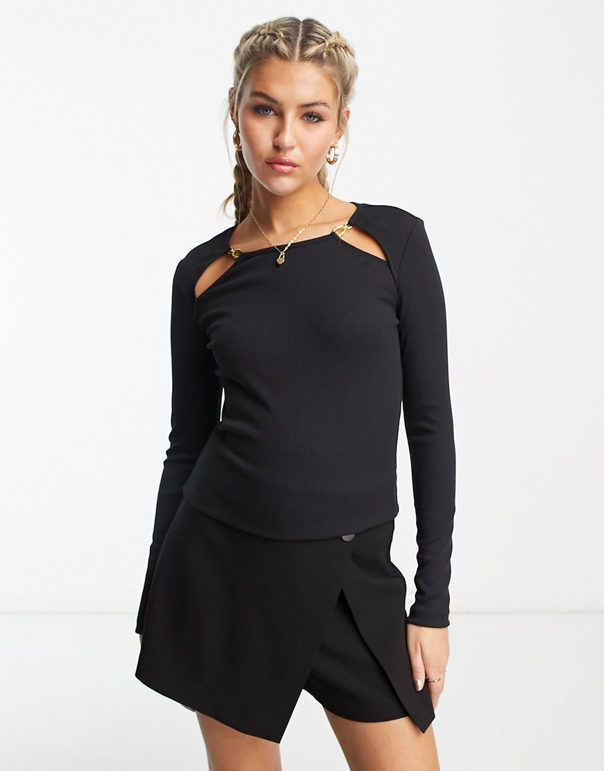 Urban Revivo long sleeve top with shoulder cut outs in black
