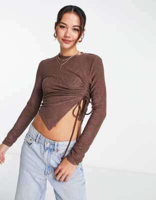 Urban Revivo Long Sleeve Top With Side Ruched Detailing In Brown