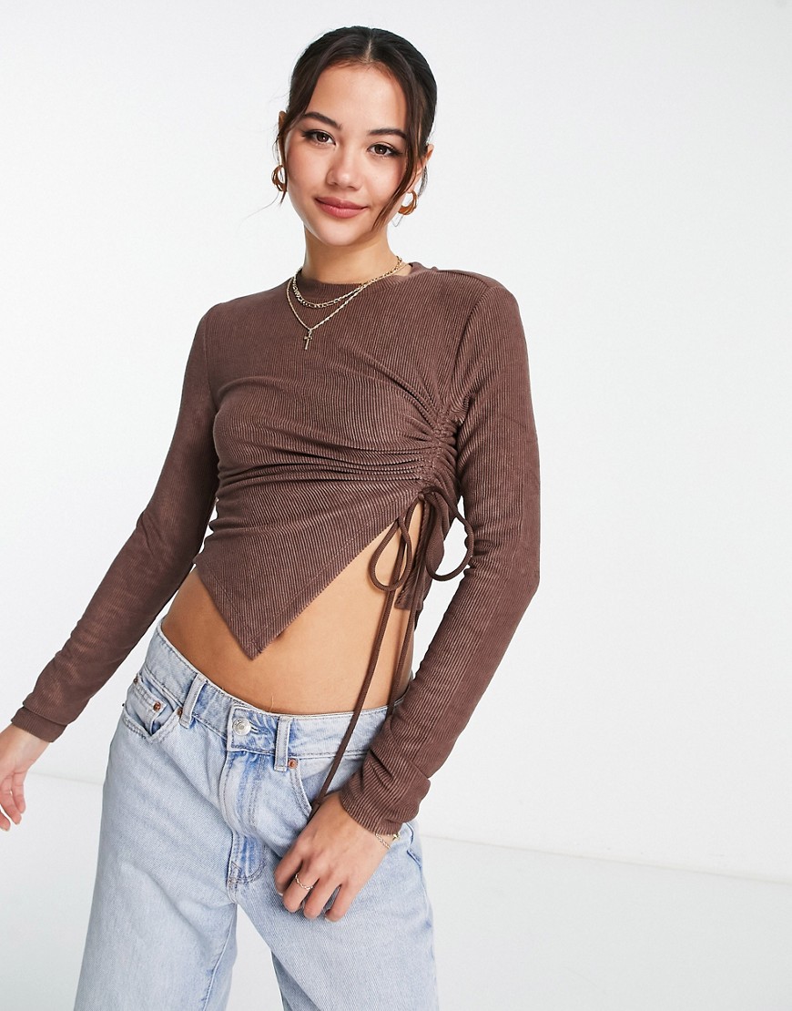 Urban Revivo long sleeve top with side ruched detailing in brown