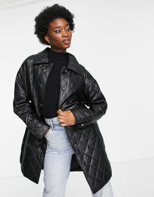 Urban Revivo faux leather quilted coat with belt in black - ASOS Price Checker