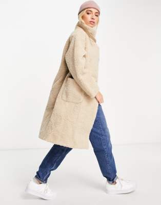 Urban Revivo teddy midi coat in beige - ASOS Price Checker