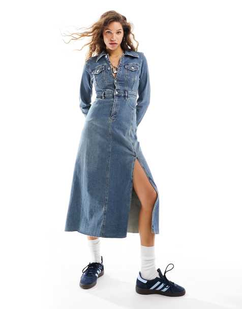 ASOS DESIGN short sleeve denim shirt dress in mid blue