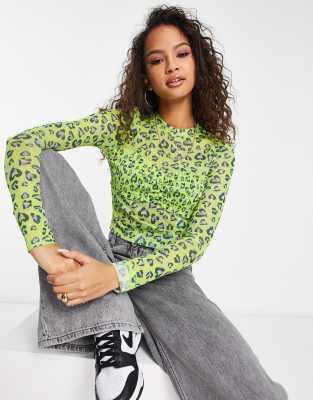 Urban Revivo Urban Revivo mesh long sleeve top in green animal print