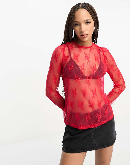 Red Sheer Mesh High Neck Long Sleeve Top