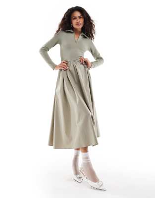 Urban Revivo - Midaxi-Kleid in Taupe mit kurzem Reißverschluss und Kragendetail-Grau