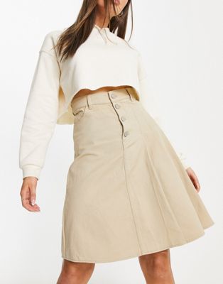 Urban Revivo midi denim skirt with pleat detail in beige