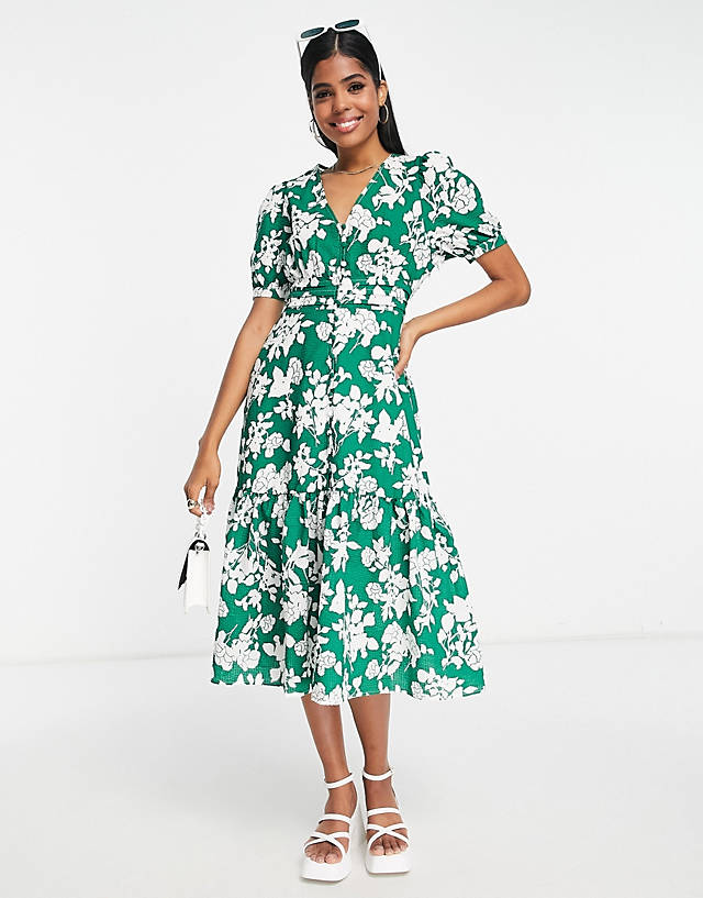 Urban Revivo - midi dress with peplum hem in green floral print