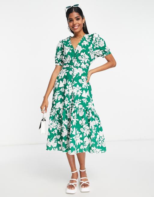 Urban Revivo midi dress with peplum hem in green floral print | ASOS