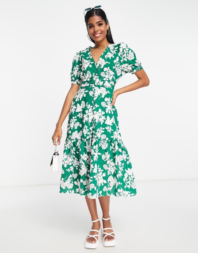 Urban Revivo - midi dress with peplum hem in green floral print