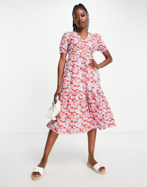 Urban Revivo midi dress with peplum hem in red floral print