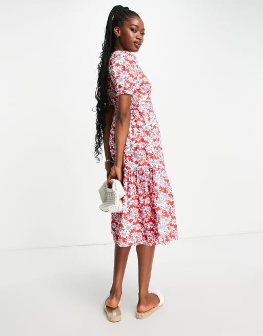 Urban Revivo midi dress with peplum hem in red floral print ASOS