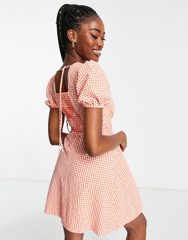 Urban Revivo midi dress with puff sleeves in dark orange gingham