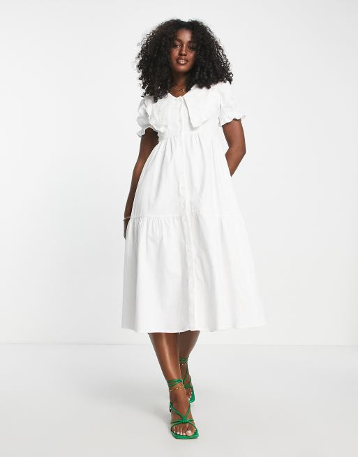 Urban Revivo – Midi-Hängerkleid in Weiß mit Kragen 