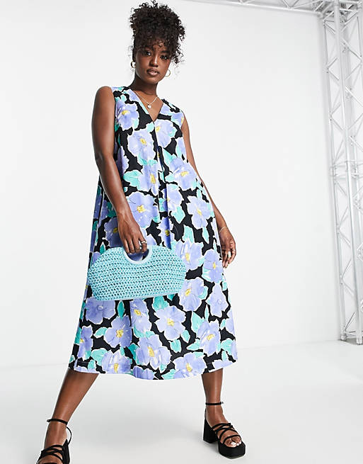 Urban Revivo - Midi-jurk met A-lijn en bloemenprint in blauw