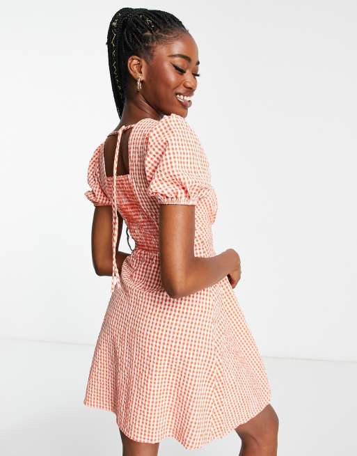Urban Revivo - Midi jurk met pofmouwen en gingham ruit in donkeroranje