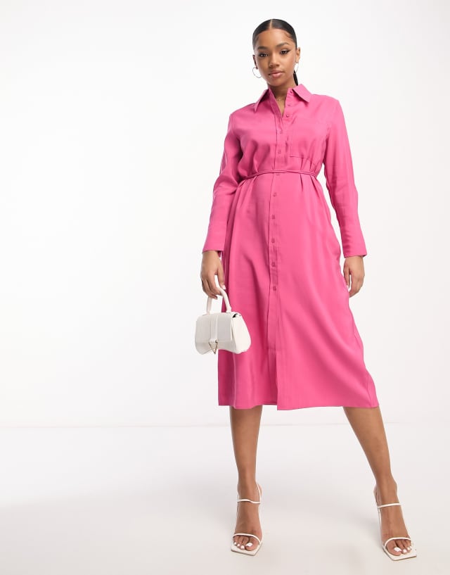 Urban Revivo midi shirt dress with tie belt in pink