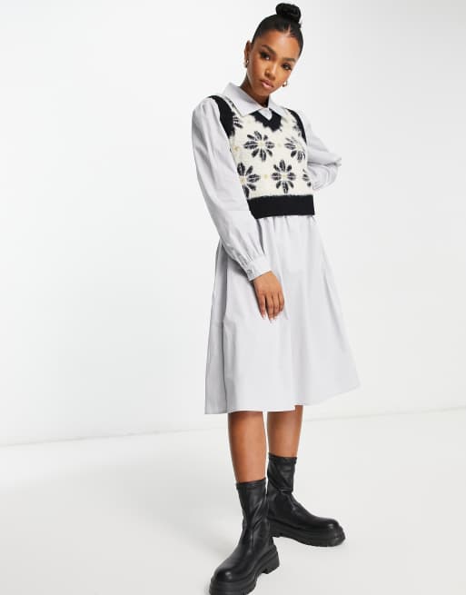 Urban Revivo – Midikleid mit Strickpullunder in Grau