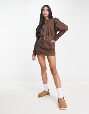 Urban Revivo Mini Denim Dress In Brown