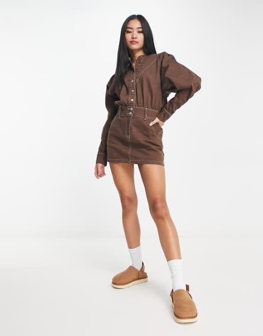 Urban Revivo mini denim dress in brown