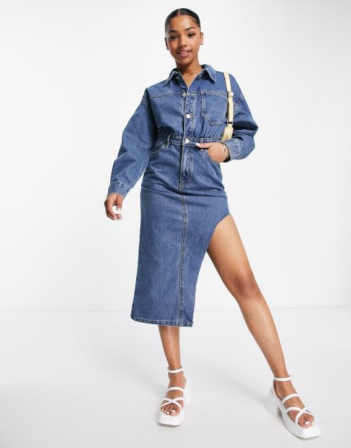Urban Revivo – Niebieska jeansowa sukienka koszulowa midi