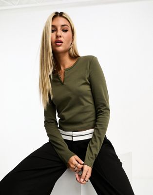 Urban Revivo notch neck long sleeve top in army green