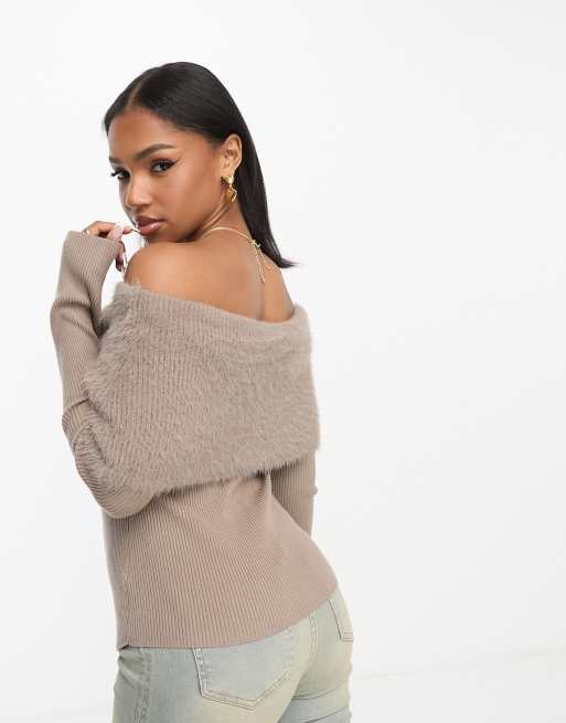 Urban Revivo off shoulder asymmetric fluffy sweater in gray