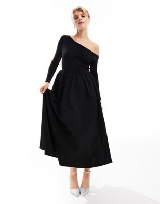 Urban Revivo off-shoulder full skirt midi dress in black - ASOS Price Checker