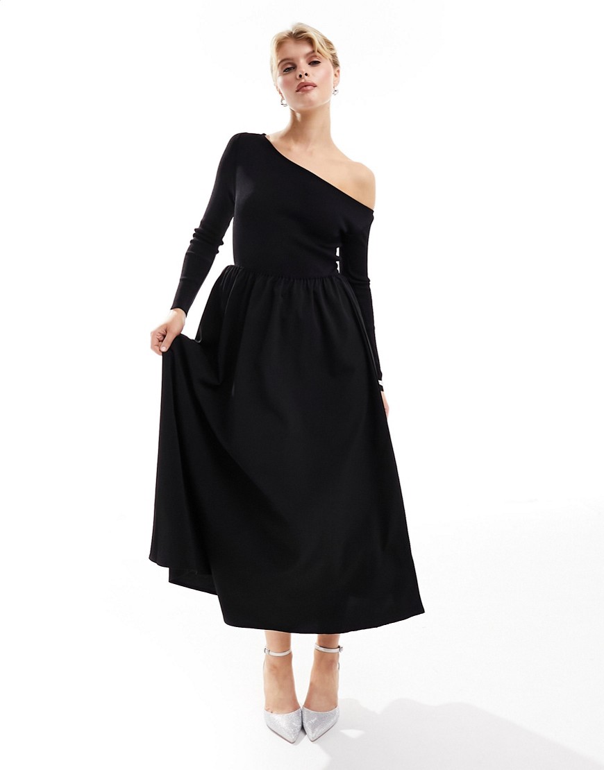 off-shoulder full skirt midi dress in black