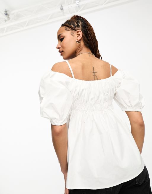 Urban Revivo off shoulder puff sleeve blouse in white