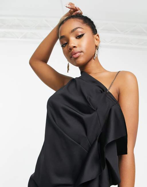 Black one shoulder outlet ruffle top