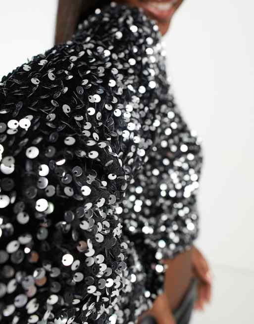 Urban Revivo one shoulder sequin top with volume sleeve in black, 3 of 4