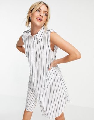 Urban Revivo oversize stripe sleeveless shirt dress in white - ASOS Price Checker