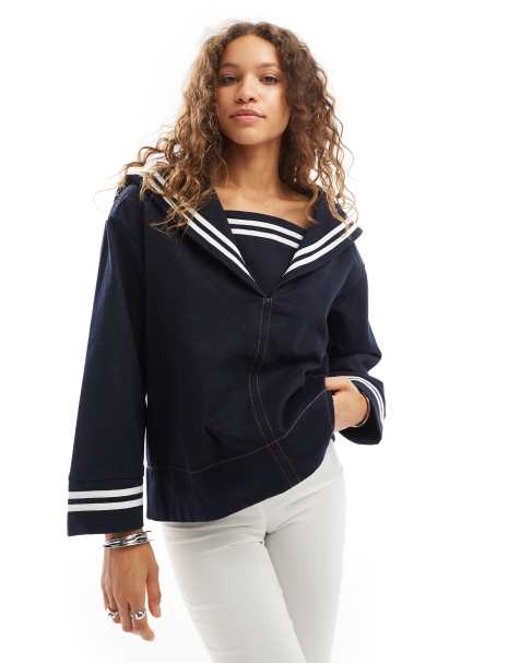 Urban Revivo oversized denim sailor jacket in indigo blue - view 1