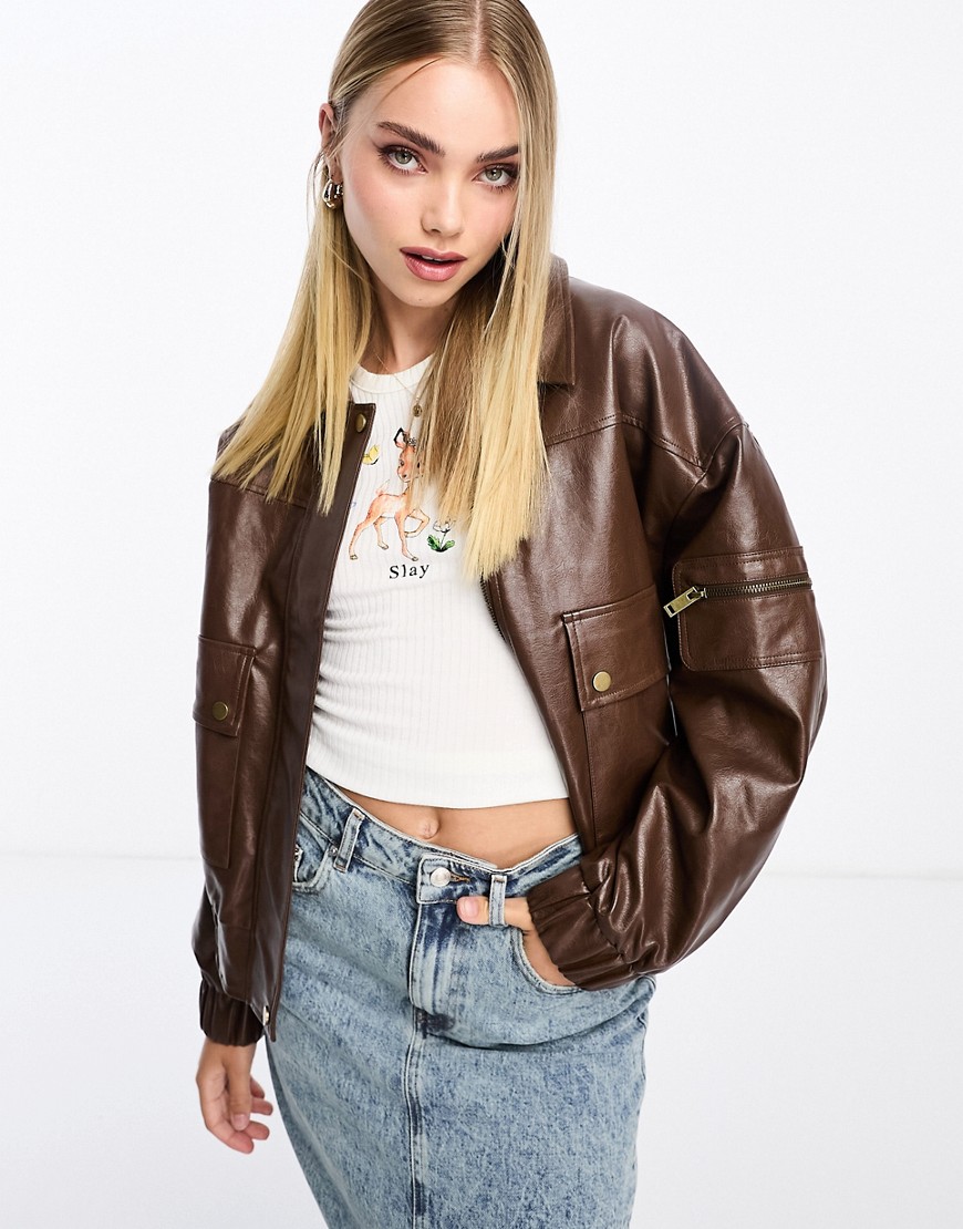 Urban Revivo oversized faux leather bomber jacket in dark brown
