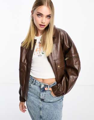 ASOS DESIGN faux leather bomber jacket with collar in black