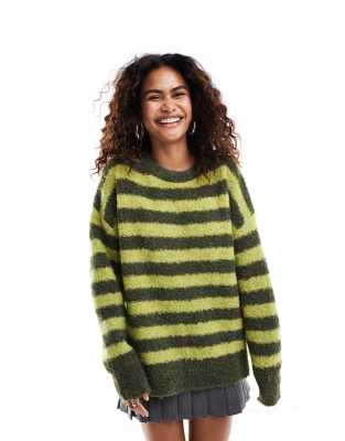 Urban Revivo Oversized Soft Striped Sweater In Green