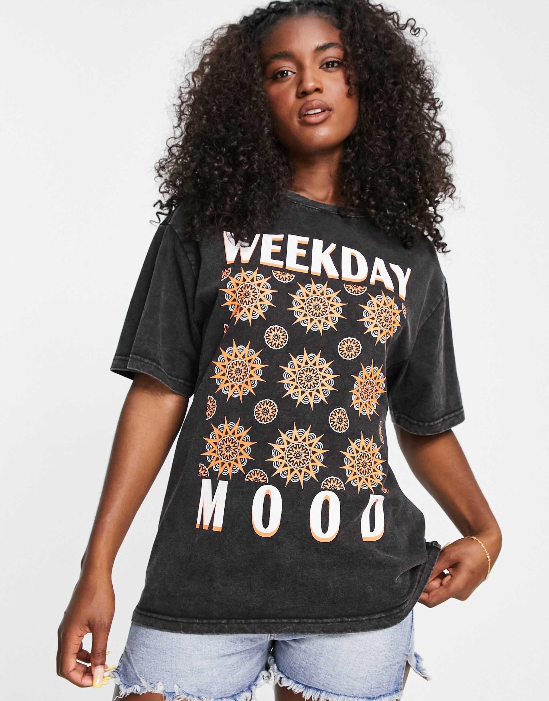 Urban Revivo oversized t-shirt with sunshine graphic in vintage black wash view 2