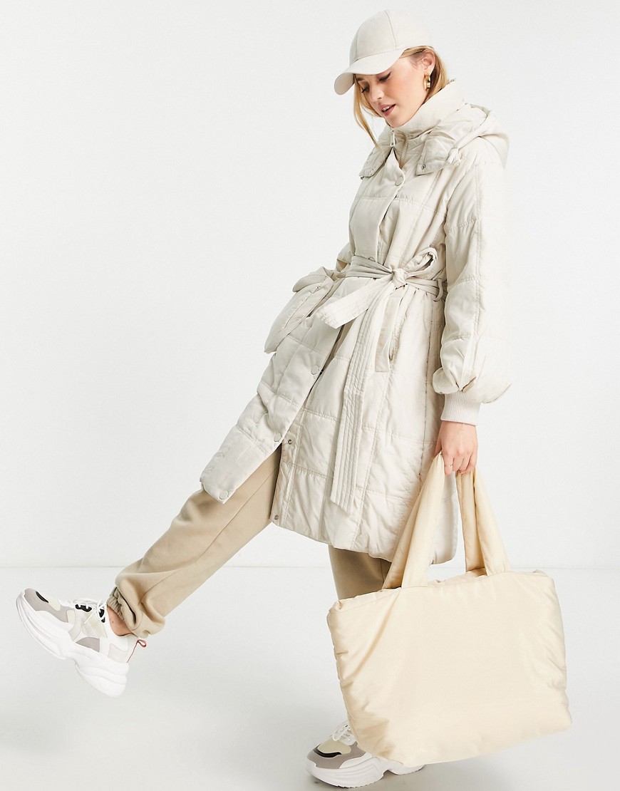 Urban Revivo padded hooded jacket with belt in beige-White