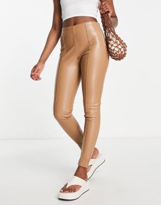 Urban Revivo faux leather skinny trousers in camel - ASOS Price Checker