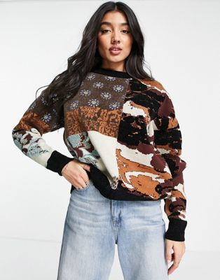 Urban Revivo patchwork knitted jumper in multi