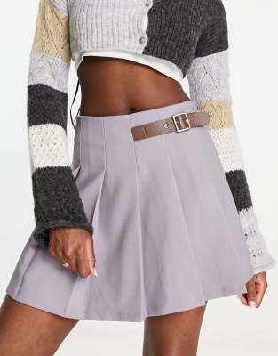 Urban Revivo Urban Revivo pleat mini skirt with buckle detail in light grey