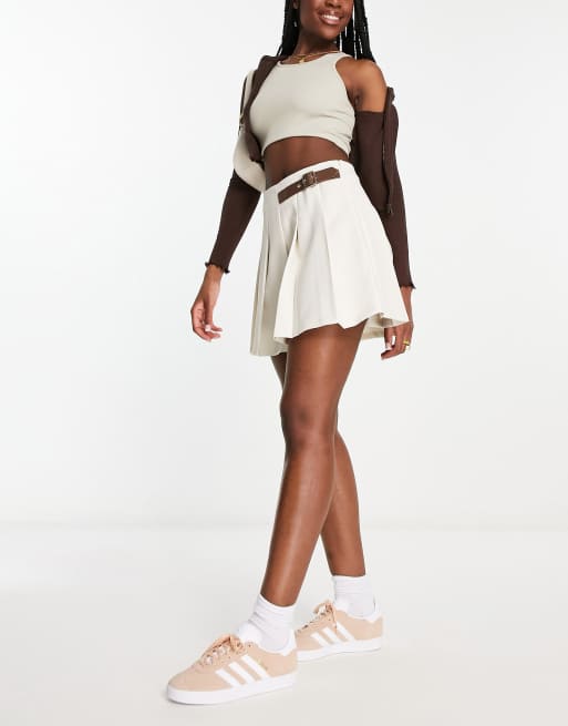 Urban Revivo pleat mini skirt with buckle detail in off white 