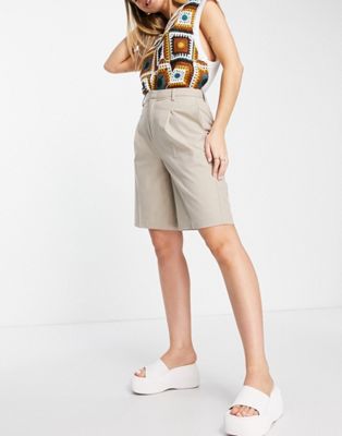 Urban Revivo pleated high waisted shorts in beige