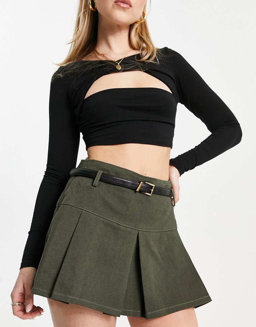 Urban Revivo pleated mini skirt with belt in dark green