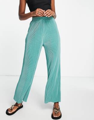 Urban Revivo Urban Revivo plisse wide leg trousers in teal-Green