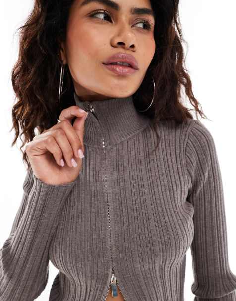 Urban Revivo plissed zip through funnel neck jumper in taupe (part of a set) - view 1